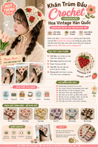 Khăn Trùm Đầu Crochet Handmade Hoa Vintage Hàn Quốc – Mũ Len Headscarf Bandana Boho Y2K Nữ Xinh