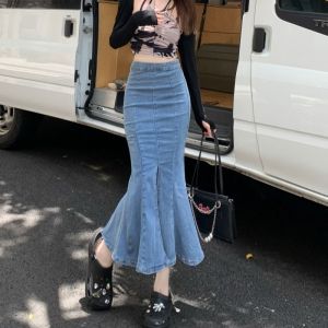 Elastic denim skirt mid-length skirt high waist split design 2024 new style hip fishtail skirt