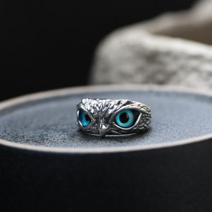 Minwen Vintage Animal Open Adjustable Blue Eyes Owl Ring Men and Women Jewelry Party Gift