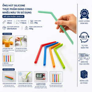 Set 2 Ống Hút Silicone Thực Phẩm Dáng Cong Kèm Cọ Rửa Cán Thép Tái Sử Dụng