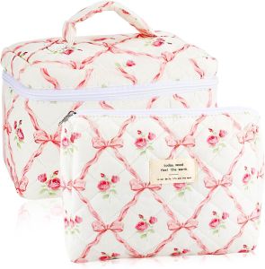 URSKYTOUS 3Pcs Makeup Bag Quilted Cosmetic Bag Set Bow Travel Large Makeup Pouch for Women Cute Portable Cotton Toiletry Bag Skincare Organizer Coquette Vintage Travel Essential