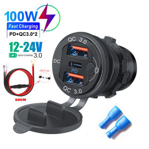KEBETEME 100W Car Charger Dual QC3.0 PD Fast Charge Socket With Switch for 12V 24V Car Boat Truck Marine