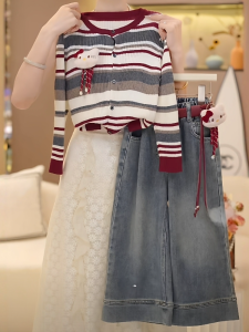 Christmas Gift Halloween Sanrio Hello Kitty Girls Striped Sweater Cardigan Jeans Set Autumn New Anime Item Korean Version Teenagers Cartoon Knitted Tops