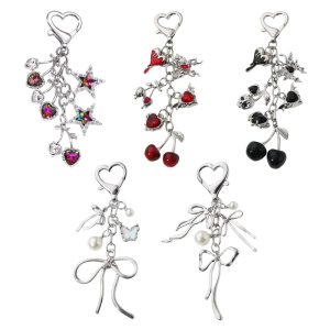 Lấp lánh 3D Cherry móc khóa có hạt trang trí phụ kiện thời trang Bowknot ngọc trai vòng chìa khóa xách tay trang trí túi cho phụ nữ