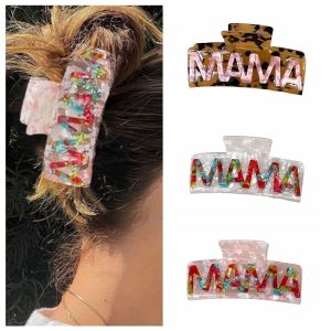 REEBO Leopard Print MAMA Hair Claw Square Retro Geometry Hair Claw Cute Colorful Acetic Acid Shark Clip Lady/Girls