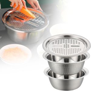 Multifunctional Stainless Steel Basin with Vegetable Cutter 3-in-1 Grater Strainer Colander for Rinsing Draining Mixing Meal Prep Stainless Steel Serving Basi