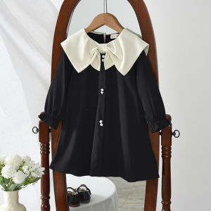 Gấu Lãnh Đạo Mùa Thu thời trang mới Cô Gái Quần Áo 3-7 tuổi Trẻ Em Giản Dị Dresses dài tay Bướm trang trí nơ Ve Áo Đầm công chúa