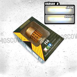 HEADLAMP H4 LAMPU LED LASER GUN H4 LAMPU LED H4 LAMPU DEPAN UTAMA H4 HEADLIGHT H4 BOHLAM LAMPU DEPAN H4 SUPER BRIGHT untuk MOTOR YAMAHA VIXION NINJA R15 PULSAR DAN MOBIL original MERK MOSCOW LAMPU H4 DUA WARNA HIGH AND LOW body GOLD 18 WATT soket H4