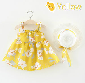 ชุดเดรสพร้อมหมวกสําหรับเด็กอายุ1ปีเสื้อผ้าสําหรับเด็กผู้หญิงพิมพ์ลายดอกไม้สีเหลืองสีน้ําเงินสีชมพู