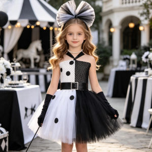 11.11 Halter Magician Themed Tutu Gown Contrast Color Polka Dot Tulle Skirt Feather Headband Long Satin Gloves Magic Wand for Party h2610
