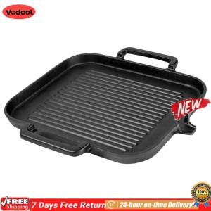 [VODF] Iron Grill Pan With Double Handle Gridle Pan No Coating Grill Fry Pan Induction & Gas Compatible