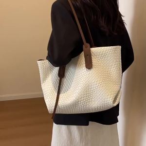 Large Capacity Woven Bag for Women 2026 Retro - Style PU Tote Bag with Brown Straps and Trim | Barangan Berkualiti Reka Bentuk Praktikal Mudah Guna
