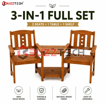 BuzzTech 3-in-1 Solid Wood Garden Bench Set | Outdoor Patio Chair with Built-in Table