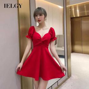 IELGY waist slim temperament square neck puff sleeve dress for women