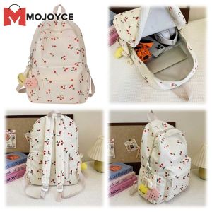 Ba lô nhung kẻ nữ có in trái cherry Ba lô du lịch khóa kéo đóng cửa và thiết kế gọn nhẹ cho trường học và các chuyến đi trong ngày