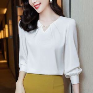 Chiffon V-neck Shirt for Women Spring and Autumn New Fashion Shirt Women Solid Color Long Sleeve Office Elegant Blouse