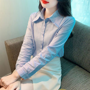 Ammin 2024 mùa xuân đơn giản ve áo thời trang Một hàng khuy đi lại áo sơ mi cotton phiên bản Hàn Quốc Phụ nữ cổ điển xù hoạ tiết sọc tay áo dài áo blouse thanh lịch