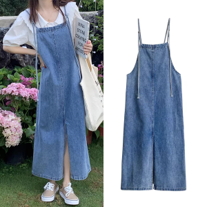 Denim overalls for women large size belly-covering and slimming 2024 summer suspender dress sweet