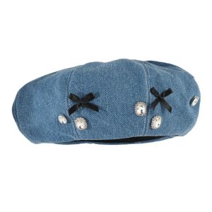 COOLSOOL Washed Denim Octagonal Caps Solid Color Rhinestone Embellished Women Beret Hats Cute Bow Decorated Painter Cap For Women