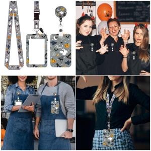 Halloween Retractable Lanyards with Carabiner Clip Holder Pumpkins Holder Reels Lanyard Set for Student