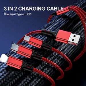 3 in 2 USB Cable Fast Charge Multi Charging Cable Nylon Braided Cord with Type-C Micro USB and IP Port
