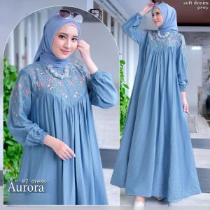 Gamis Motif Bordir Mewah Aurora Dres Crinkle Airflow M L XL XXL 3XL Dress Kondangan Wanita Jumbo Resleting Depan Aktif Busui Friendly Baju Muslimah Seragaman Pengajian
