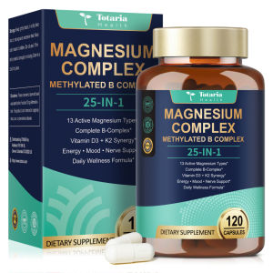 Totaria 25-in-1 Magnesium Complex with Methylated B Complex Magnesium Glycinate Vitamin D3 K2 120 Vegan Capsules Supplement