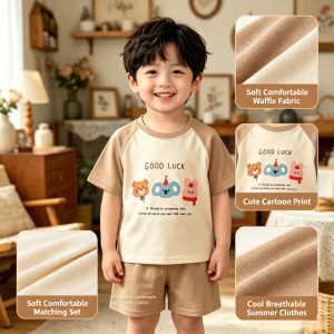 AILEBE Kids Set Terno Sando Shorts Soft Comfortable Waffle Fabric Cute Cartoon Print Cool Breathable Summer Clothes Complete Matching Outfit For Boys Girls 0-5Y