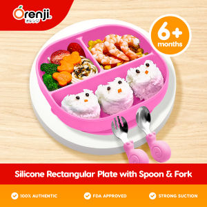 Orenji Silicone Suction Rectangular Plate With Spoon & Fork - Infants Toddlers Baby Feeding Plate Non-Slip BPA-Free