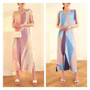 Chất Lượng NOVA⭐Miyake Đầm Xếp Ly In Họa Tiết Mới Độc Quyền Mùa Hè Đầm Cổ Tích Dáng Chữ A/Viền Xẻ/Ruy Băng Dài