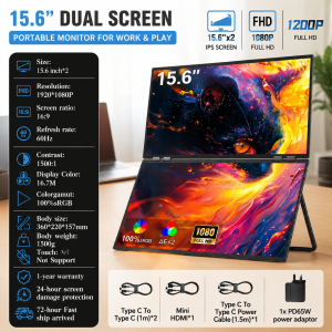 Domestix Portable Dual Screen 15.6”inch IPS Screen Monitor Support:Mirror Split Portrait Extended Mode