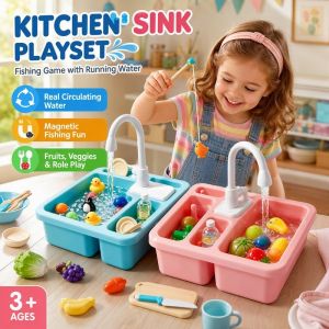 Kids Kitchen Sink Playset Running Water Magnetic Fishing Game Pretend Food Fruits Vegetables Set