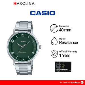 Jam Tangan Pria Casio Simple MTP-VT03D-3B Green Dial Silver Stainless Steel Band