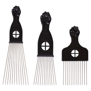COOKOO 3 Pack Metal Afro Hair Styling Combs - Fist Design Wide Tooth Picks for Women Men & Natural Curly Hair Hairstyling