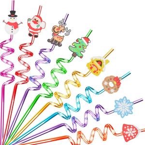ANHEY Spiral Christmas Plastic Straw Santa Claus Snowman Food Grade Christmas Cartoon Straw Cute 27cm Christmas Party Decor Home