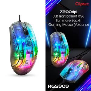CLIPTEC RGS909 USB 7200DPI TRANSPARENT RGB ILLUMINATE BACKLIT GAMING MOUSE (VOLCANO)