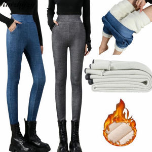 Ruizhijzg Ready Stock Winter Warm Leggings For Women Solid Color Ladies Girls Add Cashmere velvet High Waist Long Pants Padded Thickened Wear Cotton-Padded Warm Slim pencil pants Trousers With Pocket