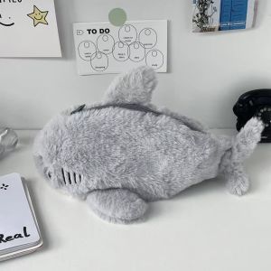 MMLUCK Mở miệng Túi bút chì vải nhung lông Sức chứa lớn Cá Mập Lớn Túi bút chì lông mịn Túi văn phòng phẩm Mềm Túi bút chì hoạt hình Văn phòng phẩm