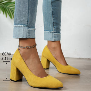 [Free Shipping] Autumn New Collection: Fashionable High-Heeled Shoes With Thick Heels And Pointed Toes Made Of Suede For Women