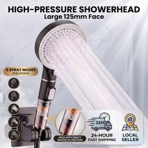 Filtered Shower Head | 5-Mode High Pressure & 1-Press Stop | BTO & HDB Compatible | Pure Bathroom Essentials ABS