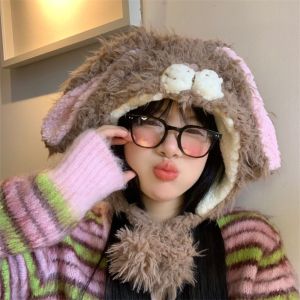 OQEWPI ขนยาวขนยาว หมวกหูกระต่าย ฤดูหนาวในฤดูหนาว นุ่มอบอุ่น หมวกหูกระต่ายสำหรับ Y2k น่ารักน่ารักๆ ตุ๊กตาผ้าพลัฌ หมวกป้องกันหู สำหรับผู้หญิง