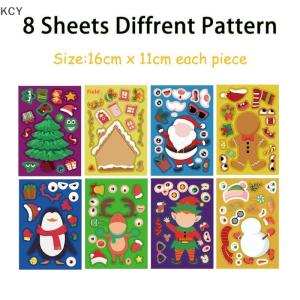 KCY 8 Sheets Children Party Decoration Toy Christmas Puzzle Stickers Create Your Own Santa Claus DIY Make-a-Face Jigsaw Games