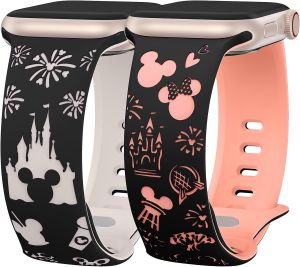 2 Packs Cartoon Engraved Band Compatible with Watch Band 49/46/45/44/42/41/40/38mm Women Two-Tone Cute Soft Silicone Sport Strap for iWatch SE Series 10/9/8/7/6/5/4/3/2/1/Ultra(1/2)