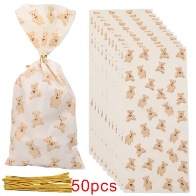 30/50pcs Teddy Bear Candy Gift Bag Plastic Cookie Dessert Packaging Bags Kids Birthday Party Decoration Supplies Baby Shower