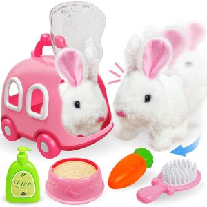 NAMSHEVA with Pet Crate Plush Toys Feeding Interactive Gift Bunny Walking Doll  Electric Simulated Plush Toys for Kids