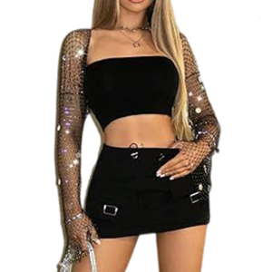 Women Sheer Fishnet Mesh Boleros Shrug Sequins Rhinestones Long Sleeve Cover Up Cropped Cardigan for Festivals Party