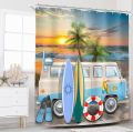 Riyidecor Beach Surf RV Fabric Shower Curtain Set for Bathroom Decor 72Wx72H Inch Coastal Theme Bath Accessories for Men Boys Tropical Palm Trees Pattern Camping Car Bathtub 12 Pack Plastic Hooks. 