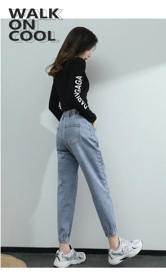 Jeans Women's Spring and Autumn New Korean Version Loose and Thin Elastic  Waist Waistband Feet Nine Points Harlan Daddy Pants Women