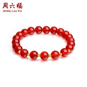 ZHOU LIU FU 周六福 750/18K Gold Bracele Fortune Red Agate Beaded Stretch Bracelet for Women Girls Lovers 18cm C1910525