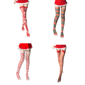 Womens Silk Thigh High Stockings with Christmas Patterns Holiday Festivals Over Knee Long Socks Lingerie Hosiery Gift